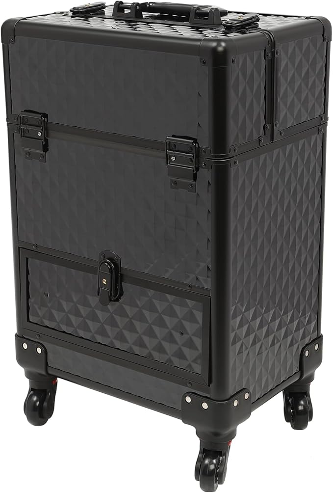 Rolling Makeup Case, Nail Storage Box with Wheels Portable Makeup Trolley for Beauty Studio Hairdressers Nail Technician (Black)