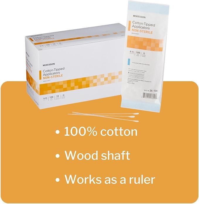 McKesson Cotton-Tipped Applicator Swabstick, Non-Sterile, Wood Shaft, 6 in, 100 Count, 100 Packs, 10000 Total