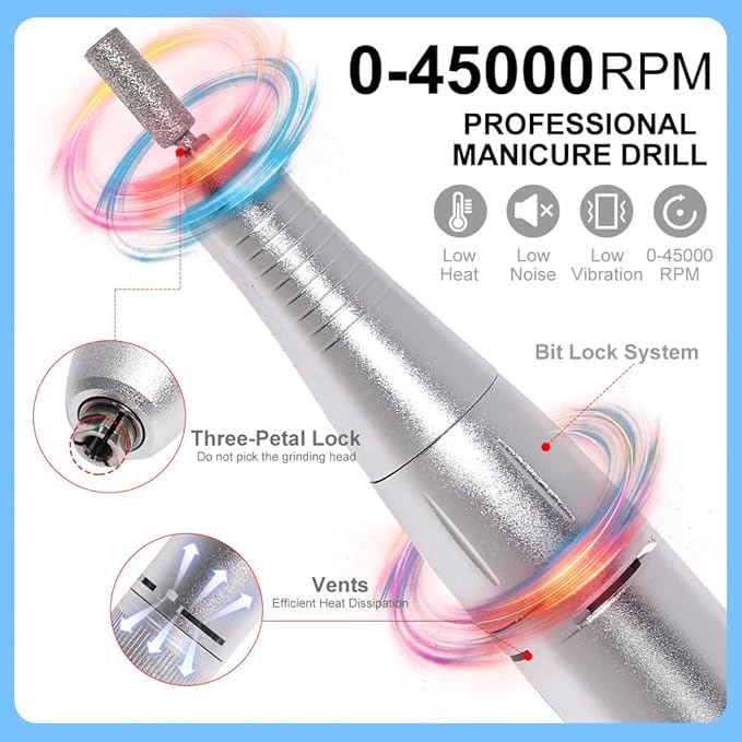 Professional Electric Nail Drill, 45000 RPM Cordless Rechargeable E-File Machine, with 12 Bits, Sanding Bands, LCD Display for Acrylic Gel Nails (DMJ-V4-WHITE-USB)