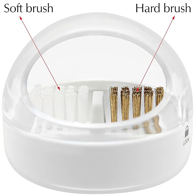 Nail Art Cleaner Tool Case with Steel Wire Brush and Nylon Brush for Cleaning Carbide/Ceramic Nail Drill Bits, Anti-splash Design, Removable, Washable, Clear Cover + White Base