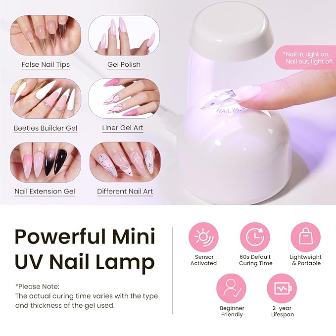 Beetles Tipex Instant Apex Nail Tips Kit, Stiletto Long, 224pcs 16 Sizes, with Tipex UV Nail Glue Mini Nail Lamp,Pre-Building Pre-Etched Strong Thicker Acrylic Nail Tips Set