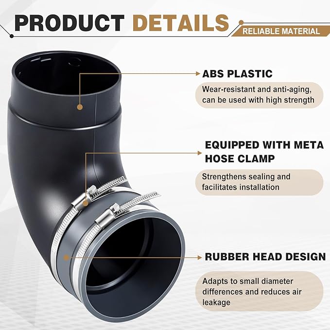 Kingdder 1 Pcs 4" 90 Degree Elbow Dust Collection Hose Fittings Include Connect Elbow and Metal Hose Clamps Rubber Flex Cuff Coupler for Woodworking Dust Collection Fittings Collector Accessories