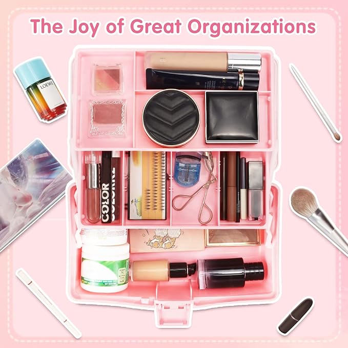 12in 3-Layer Plastic Craft Organizers and Storage, Portable Folding Tackle Box with Handle & Adjustable Dividers, Multipurpose Case for Sewing, Art Supplies, Medicine, Tools (White Pink)