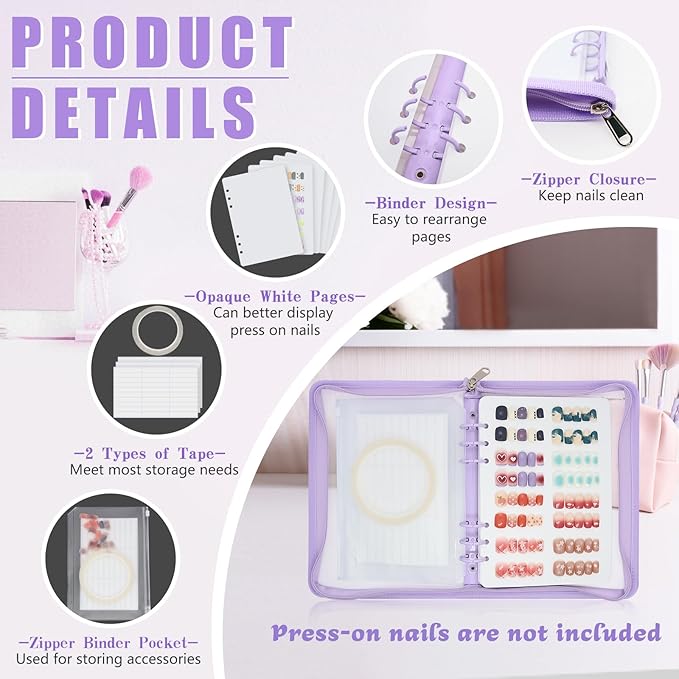 KEIFIN Press On Nail Storage Organizer Binder with 8 Insert Pages - A5 Size Reusable Fake Nail Swatch Collecting Book Polish Color Display Holder Container with Tape and Zipper Pocket (PURPLE)