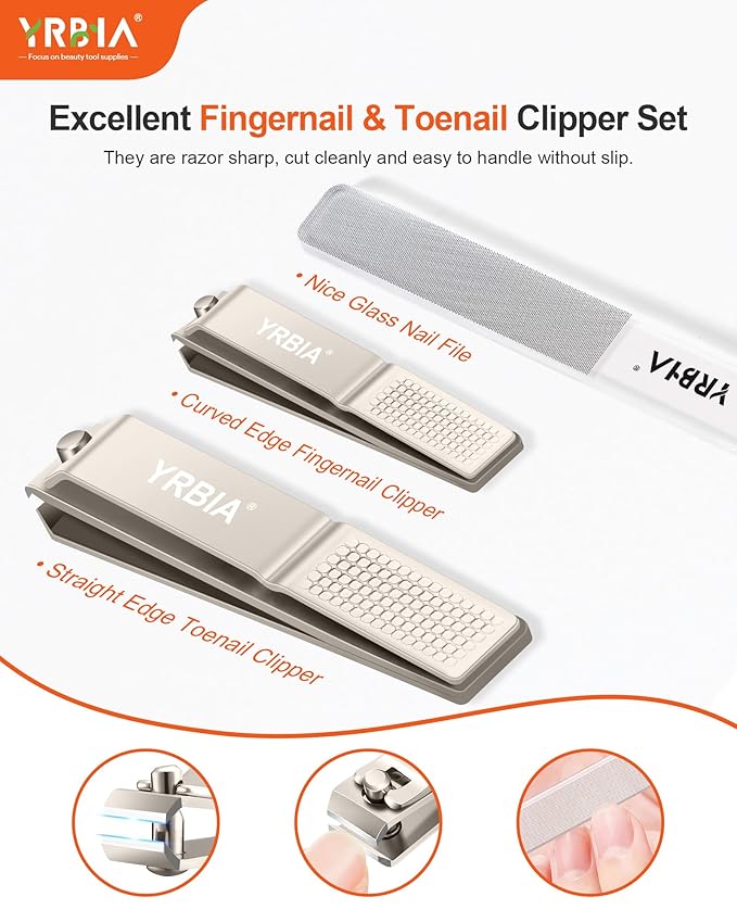 Nail Clippers with Glass Nail File, YRBIA 3 Piece Ultra Sharp Nail Clipper Set, Professional Fingernail & Toenail Clippers Nail Cutter for Men and Women (Champagne)