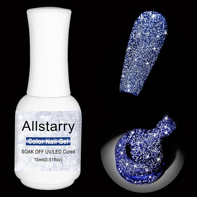 Allstarry Reflective Glitter Gel Nail Polish, 15ml/0.5 Fl Oz Shimmer Sparkle Diamond Glitter Gel Polish UV LED Curing Soak Off Home DIY Nail Salon for Nail Art Disco Party Nightclub Wedding - Blue