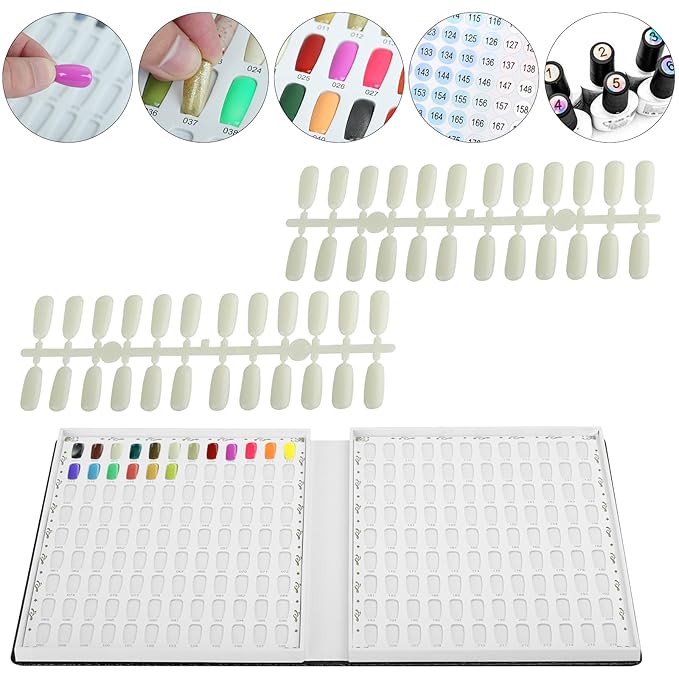 216 Nail Color Chart Display Book with 240PCS False Nail Tips, UV Gel Polish Card Book, Nail Art Salon Nail Design Display Booklet, Nail Color Swatches Nail Practice Card Board