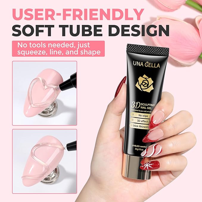 UNA GELLA 3D Gel Nail Art 30g, 4 in 1 No Wipe Clear 3D Sculpting Gel Polish Nail Glue for Nails Tips, Chrome Nails Powder, Nails Charms and Painting Christmas Art Designs Lamp Curing Required