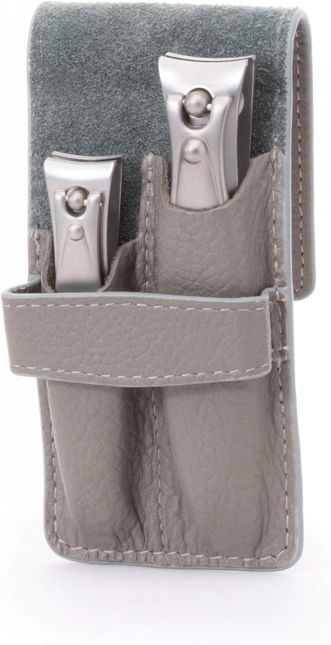 GERMANIKURE Nail Clippers Set in Gray Leather Case – Ethically Made in Solingen Germany, FINOX Stainless Steel Tools – Professional Quality Manicure & Pedicure Kit