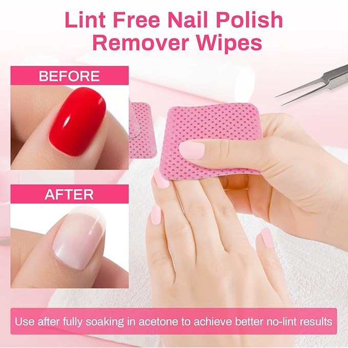 1500 Lint Free Nail Wipes - Nail Polish Remover Pads, Glue or Gel Remove, Use with Acetone or Alcohol, Eyelash Brush & Nail Art Brushes Cleaning, Nail Art Supplies, Nail Stuff for Techs, Pink