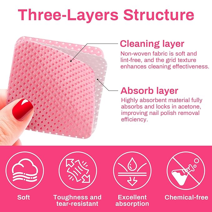 600 Lint Free Nail Wipes - Nail Polish Remover Pads, Glue or Gel Remove, Use with Acetone or Alcohol, Eyelash Brush & Nail Art Brushes Cleaning, Nail Art Supplies, Nail Stuff for Techs, Pink