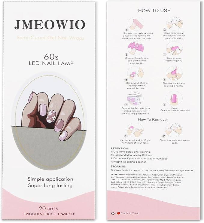 JMEOWIO Gel Nail Stickers French Tip Pink White Flower Semi Cured Gel Nail Strips Wraps UV/LED Nails Art Design Decoration Accessories