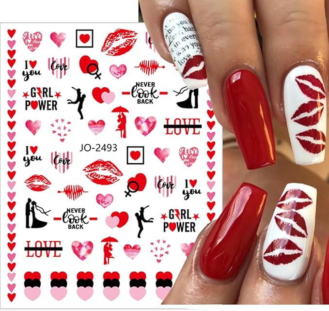 Valentine's Day Nail Art Stickers, 8 Sheets 3D Self-Adhesive Red Pink Heart Cute Cartoon Nail Decals Heart Nail Charms Supplies for Women Girls Acrylic Nail DIY Manicure Decoration Supplies