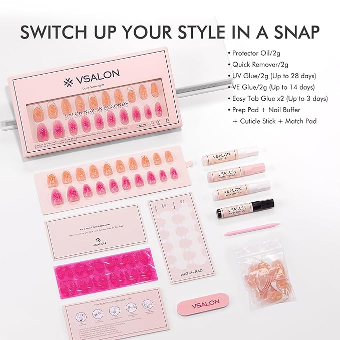 VSALON Press-On Nails Short Almond - 32 PCS French Tip Cream Finish Main Nails in 16 Sizes & 10 PCS Alternative Nails - Fake Nail Kit with UV Glue, Easy Tabs, Nail Glue & Remover (Barlow Girl)