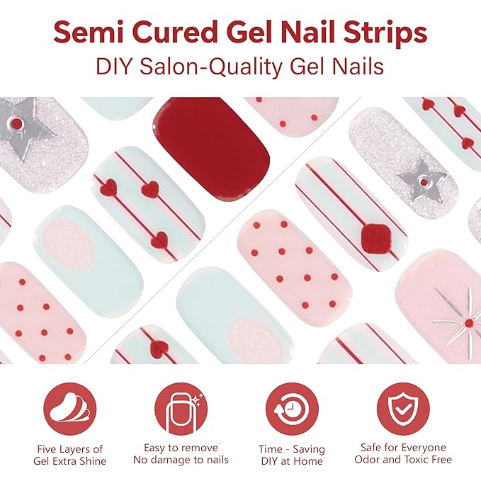 Semi Cured Gel Nail Strips-Pink Glitter Press on Nails Short Valentine's Day Nails with Subtle Shimmer, Square Shape, Semi Gel Nail Stickers for a Romantic Date Night(Office Romance)