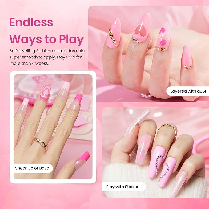 Beetles Pink Gel Nail Polish, 6 Colors Hot Pink Glitter Bright Jelly Gel Polish Soak off Uv LED Cured Nail Art Design Salon Home DIY Manicure Gifts for Women