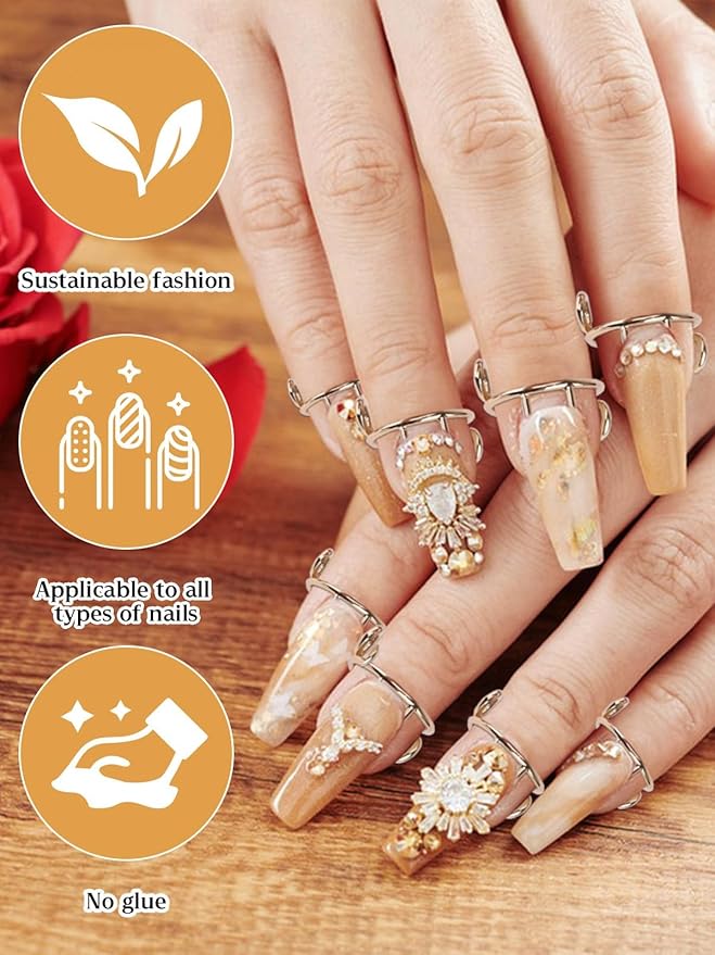 TOROKOM Wudu Nail Rings Set, 20 Pcs Adjustable Detachable Gold Rings with 96Pcs Adhesive Tabs for Acrylic Nail Art Non-Tarnish Metal Nails Rings for Women