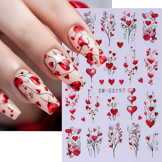 Valentine's Day Nail Art Stickers Decals Red Love Tree Rose Valentine's Day Nail Stickers 6PCS Red Heart Romantic Valentine's Day Nail Decals Nail Adhesive Sliders for Women Manicure Decor 6PCS