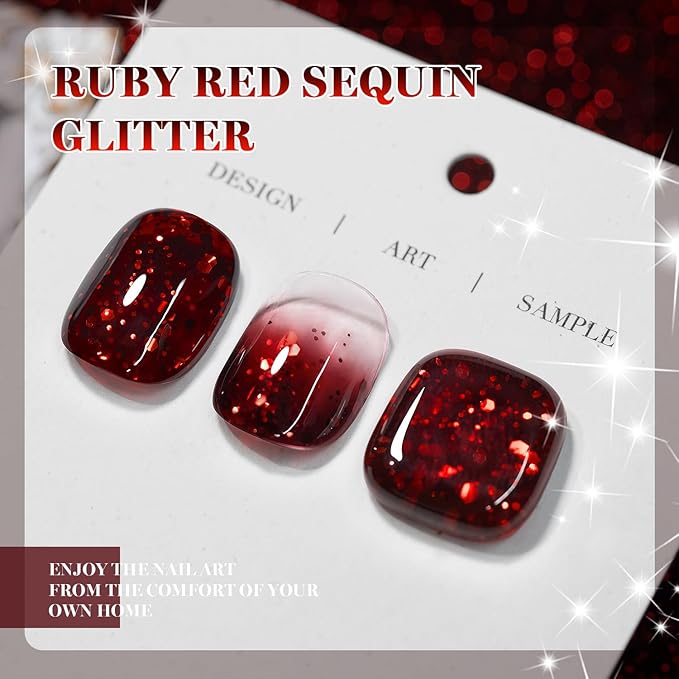 RARJSM Dark Ruby Red Sequin Glitter Gel Nail Polish Big Flakes Shiny Diamond Sparkly Chunky Silver Shimmer Pigments Gelpolish Soak off Curing Required for Nail Art Salon Manicure