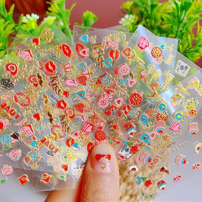 30 Sheets Valentine's Nail Art Stickers Love Heart Nail Stickers 3D Self Adhesive Cute Red Lips Letter Nail Decals Valentine's Nail Supplies Nail Art Design Decoration Accessories for Women Girls