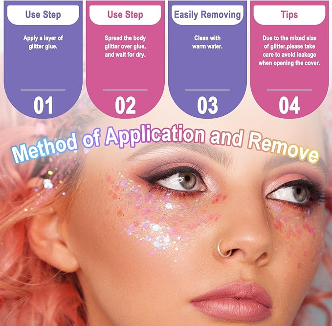 Laza 2 Jars Body Glitter for Valentine’s Day Hair Accessories Heart Glitter Holographic Chunky Sequins with Glitter Glue for Women Makeup Face Paint Festival Rave Outfits Party Costumes- Colorful Love