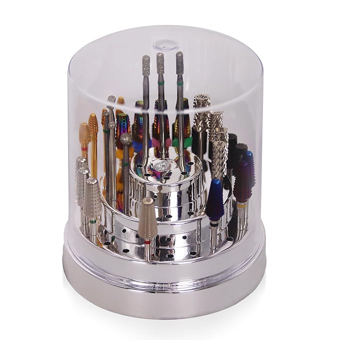 PANA Round Cake Tier Nail Drill Bit Holder Display Organizer Case - Dustproof Carbide Bit Storage Container Box For Manicure Tools Nail Salon - 48 Holes Silver (Drill Bits Not Included)