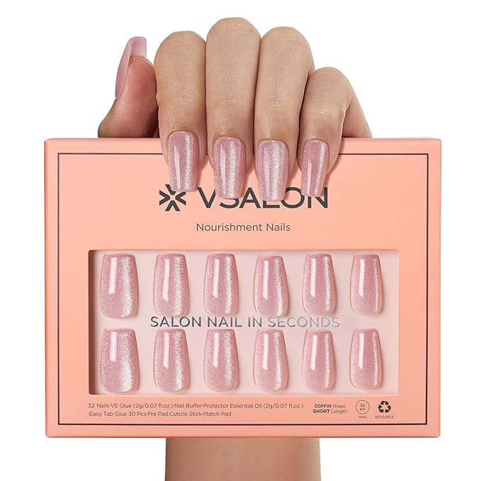VSALON Press On Nails Short Coffin - Pink Cat Eye Glitter Glue on Nails, Reusable Opaque Winter Fake Nails with Glue, Protector Cuticle Oil, Adhesive Tabs - 32 PCS Stick On Nails in 16 Sizes