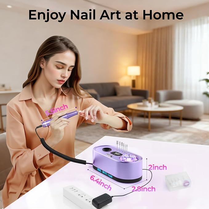 Electric Nail Drill 40000RPM with LCD Display - Professional Nail File Kit E File Machine for Acrylic Gel Nails, Low Noise & Vibration for Salon and Home Use