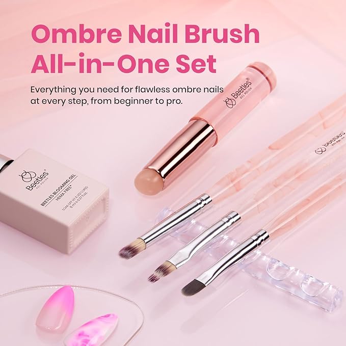 Beetles Blooming Gel and Nail Art Brushes Set - Ombre Nail Brush Gradient Stipple Clean Up Fingernail Art Pens and Silicone Dotting Tool for Gel Polish Marble Blush Chrome DIY Manicure Designs
