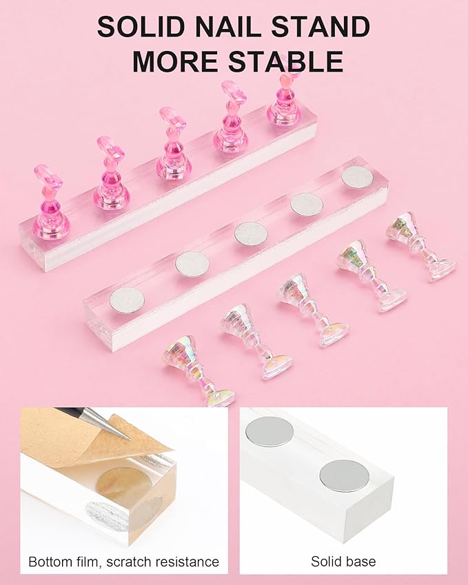 Nail Stand for Press Ons, Nail Holder for Painting Nails, Upgraded Solid Acrylic Magnetic Fake Nail Stands Tips, Flower Nail Holder with Double-sided Tape Practice Nail Art Tools