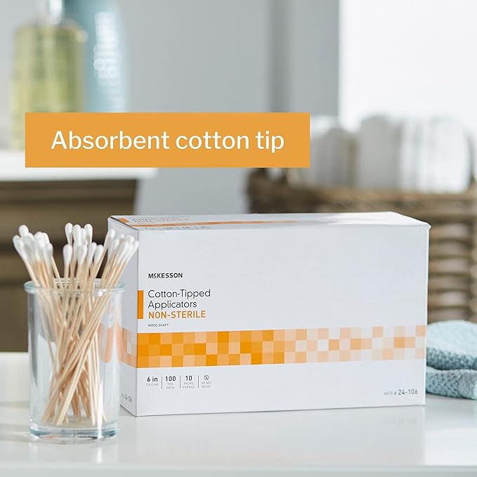 McKesson Cotton-Tipped Applicator Swabstick, Non-Sterile, Wood Shaft, 6 in, 100 Count, 100 Packs, 10000 Total