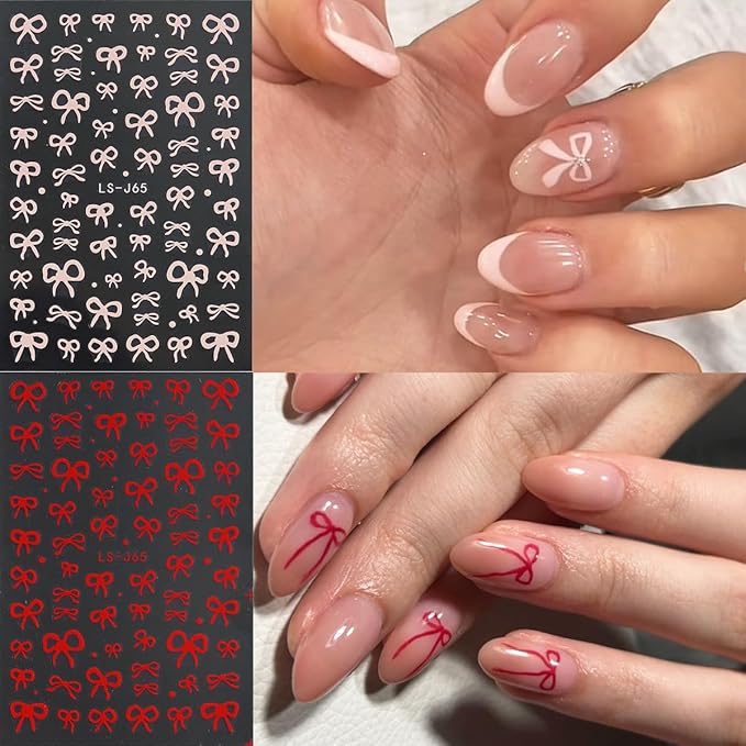Fcozpjk Bow Nail Stickers, 6 Sheets Pink Black Gold Silver Bow Stickers for Nails, Y2K Ribbons Nail Art, Korean Style Manicure, Ribbon Nail Decals, Kawaii Nail Charms, Pegatinas para Uñas