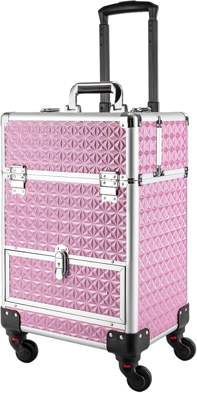 Rolling Makeup Case, Nail Storage Box with Wheels Portable Makeup Trolley for Beauty Studio Hairdressers Nail Technician (Pink)