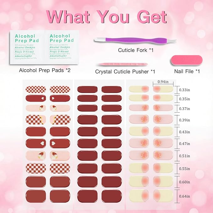 SIUSIO 3pcs Semi Cured Gel Nail Strips Red Heart Pattern, UV Press On Gel Nail Stickers for Women Girls DIY, Easy Apply & Remove, Valentine’s Day & Christmas Nail Art