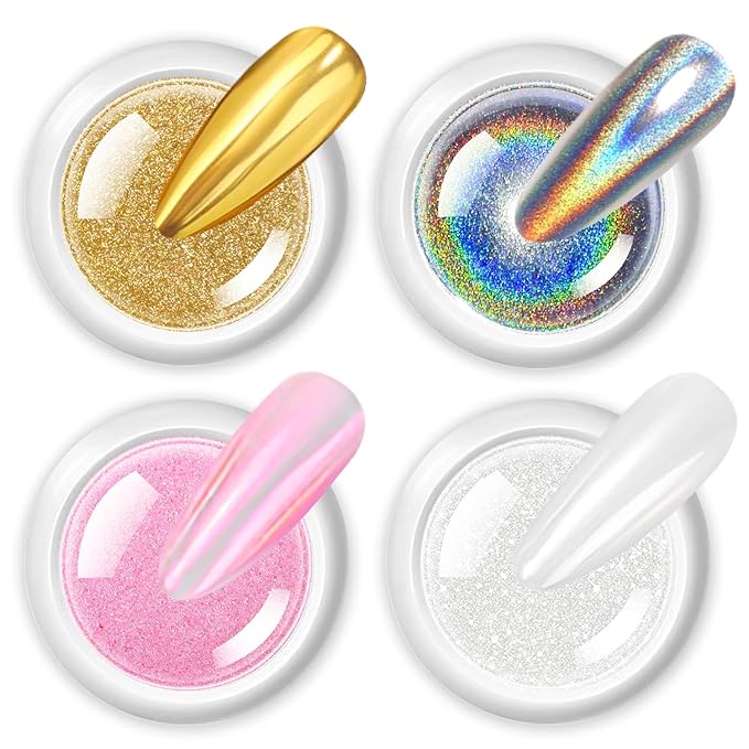 Gold Chrome Nail Powder LEDSUUEI Super Mirror Nail Glitter, Metal Holo Chrome Powder Nails Pigment White Aurora Glazed Donut Glassy Pearl Chrome Colored Nail Powder, Silver Nail Art DIY Design Decor