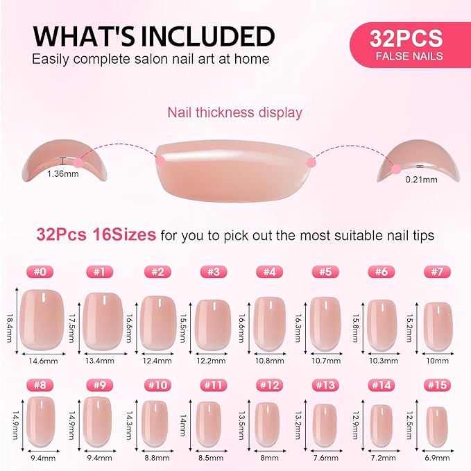 Square Press On Nails Short - Findigit False Nail Kits, Natural Soft Gel Glue On Nails with Nail Glue, Reusable Stick On Nails Salon Quality 16 Sizes,32 Nail Kits, Square Jelly