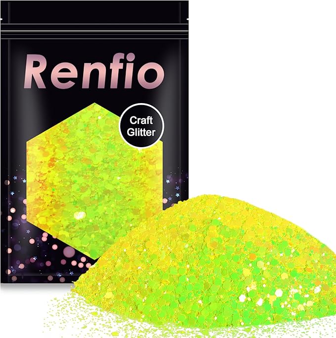 Renfio Chameleon Chunky Glitter, Mixed Fine Powder Color Shift 1.75 Oz 50g PET Flake Hexagon Yellow Green Glitters Sequin Resin Pigment Chip Dust for Slime Painting Craft Hair Body Beauty - Neon Light
