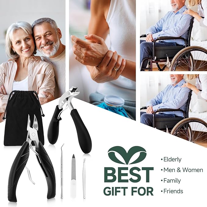 Toe Nail Clippers for Seniors, Dual- Angled Head & Long Handle, Heavy Duty Ingrown Toenail Clipper Set for Men (Black 5-in-1 Set)
