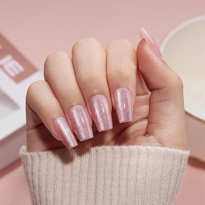 VSALON Press On Nails Short Coffin - Pink Cat Eye Glitter Glue on Nails, Reusable Opaque Winter Fake Nails with Glue, Protector Cuticle Oil, Adhesive Tabs - 32 PCS Stick On Nails in 16 Sizes