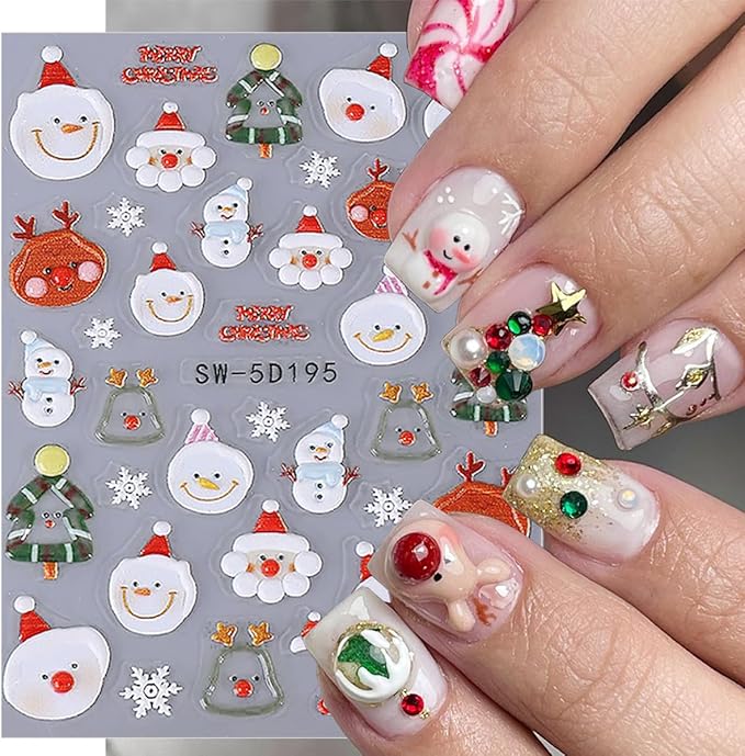 2 Sheets Christmas Nail Stickers 5D Embossed Winter Nail Art Stickers Self-Adhesive Santa Claus Xmas Tree Snowflake Rhinestones Designs Holiday Nails Gold Nail Decals for Women Acrylic Nails Decor