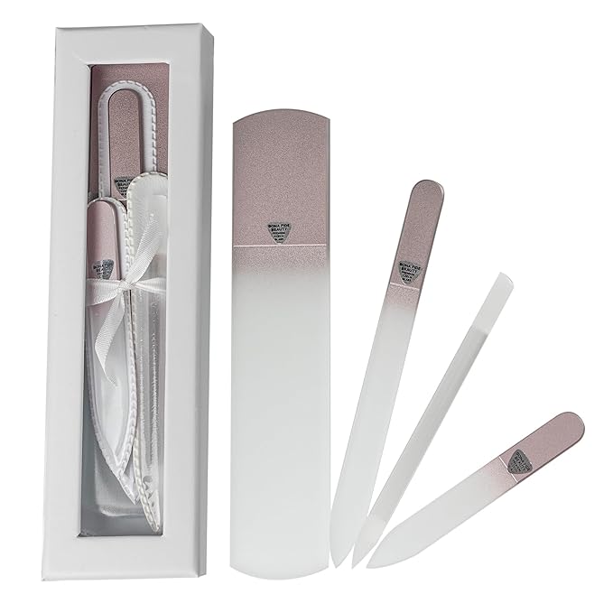 Bona Fide Beauty Handmade Czech Glass Manicure Pedicure Gift Set for Women, 4PC Gift Set in Rose Gold with Glass Foot File, Cuticle Pusher, Mini File and Regular Nail Filer