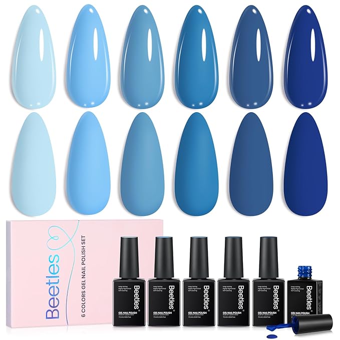 Beetles Blue Gel Polish Set Winter Gel Nail Polish 6 Colors Light Baby Dark Navy Blue Soak off Uv Led Lamp Needed Manicure DIY Home Gifts for Women Ocean Range