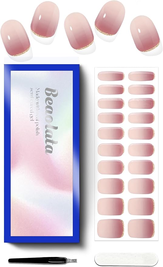 Beaolata Semi Cured Gel Nail Strips - UV Light Gel Nail Stickers - 20 Long Lasting Salon Quality Wraps (Enigmatic Pink Glint)