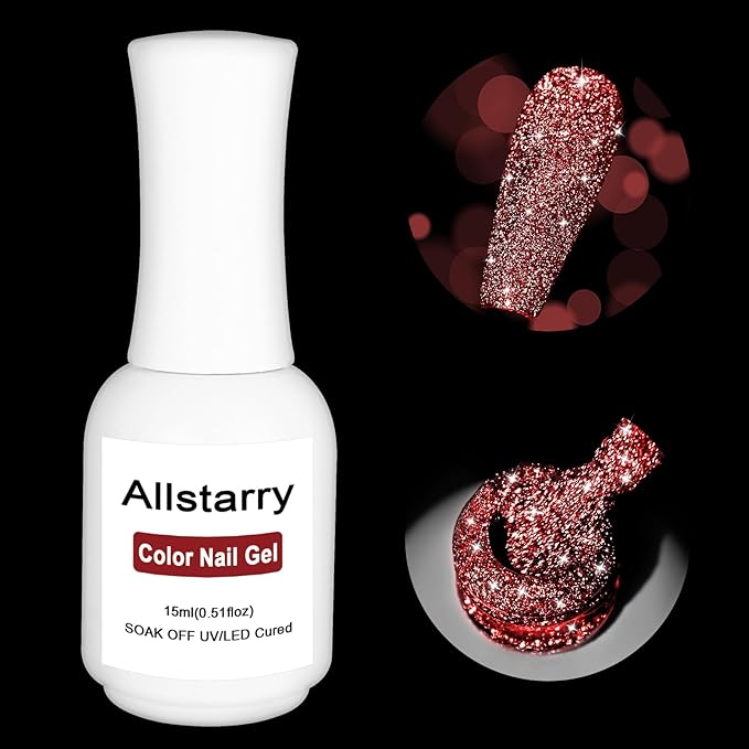 Allstarry Reflective Red Glitter Gel Nail Polish, 15ml/0.5 Fl Oz Shimmer Sparkle Diamond Red Glitter Nail Polish UV LED Curing Soak Off Home DIY Salon for Christmas Valentines nails Wedding