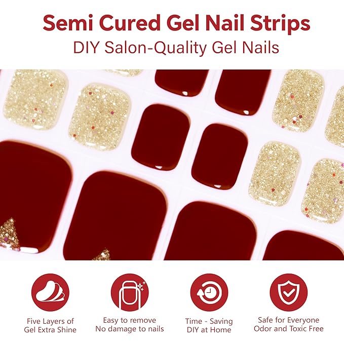 SEMINCA Semi Cured Gel Toe Nail Strips-Toe Nail Wraps for Short Nails Waterproof & Shower Proof, Pool Party Ready Pedicure(Poinsettia.Pedicure)