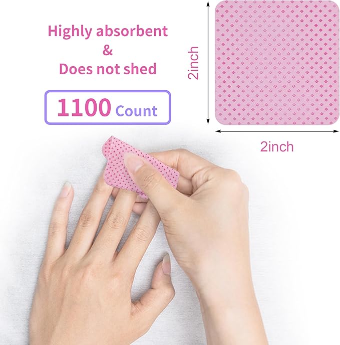 1100 Lint-Free Nail Wipes Pink Nail Polish Remover Pads for Gel Nails, Nail Glue Removal and Eyelash Extension Cleaning Nail Tech Supplies Highly Absorbent Nail Polish Wipes