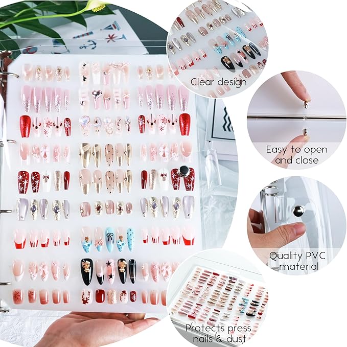 Large Press-on Nails Organizer Book Set Clear Press ons Nail Storage Box Binder Removable Loose-Leaf Packaging Case Salon Sample Styles Display Supplies 6 Page A4