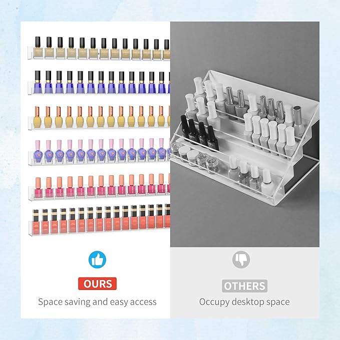 32 Inches Acrylic Nail Polish Rack Shelf for Wall, Clear Nail Polish Organizer Wall Mounted for 192 Bottles, 6 Pack
