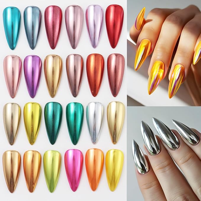 24Pcs Chrome Nail Powder Set - Metallic Mirror Effect Holographic Iridescent Aurora Mermaid Nail Powder Pigment Silver Red Green Gold Nail Chrome Powder for Nails Art Decoration(24 Eye Shadow Sticks)