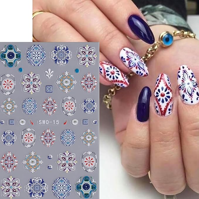 6 Sheets Bohemian People Nail Art Stickers 3D Self -Adhesive Colorful Plaid Flowers Nail Decals Holographic Ethnic Style Nail Stickers Unique Flower Nail Staickers Decoration for Women DIY Manicure
